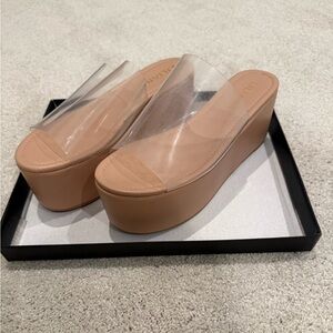 Clear and Tan Wedge Sandals